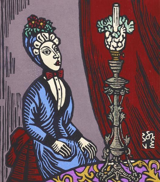 真作】【WISH】川上澄生「女と洋燈(鹿鳴館)」木版画 2号 1971年作