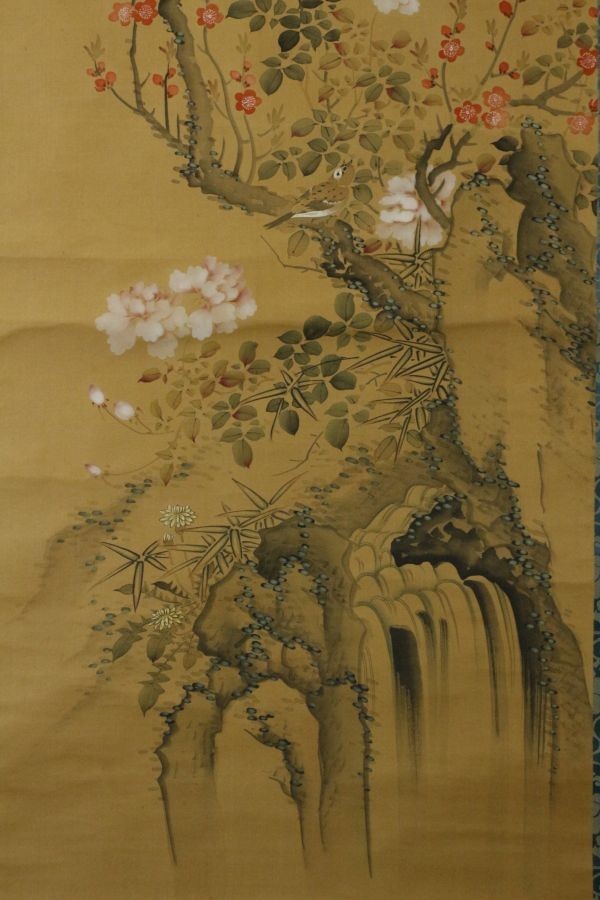 LIG】江戸期 山本梅逸 花鳥図 絹本彩色 掛軸 天保年号 旧家収蔵品 [.QU