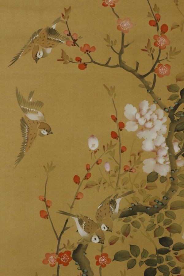 LIG】江戸期 山本梅逸 花鳥図 絹本彩色 掛軸 天保年号 旧家収蔵品 [.QU