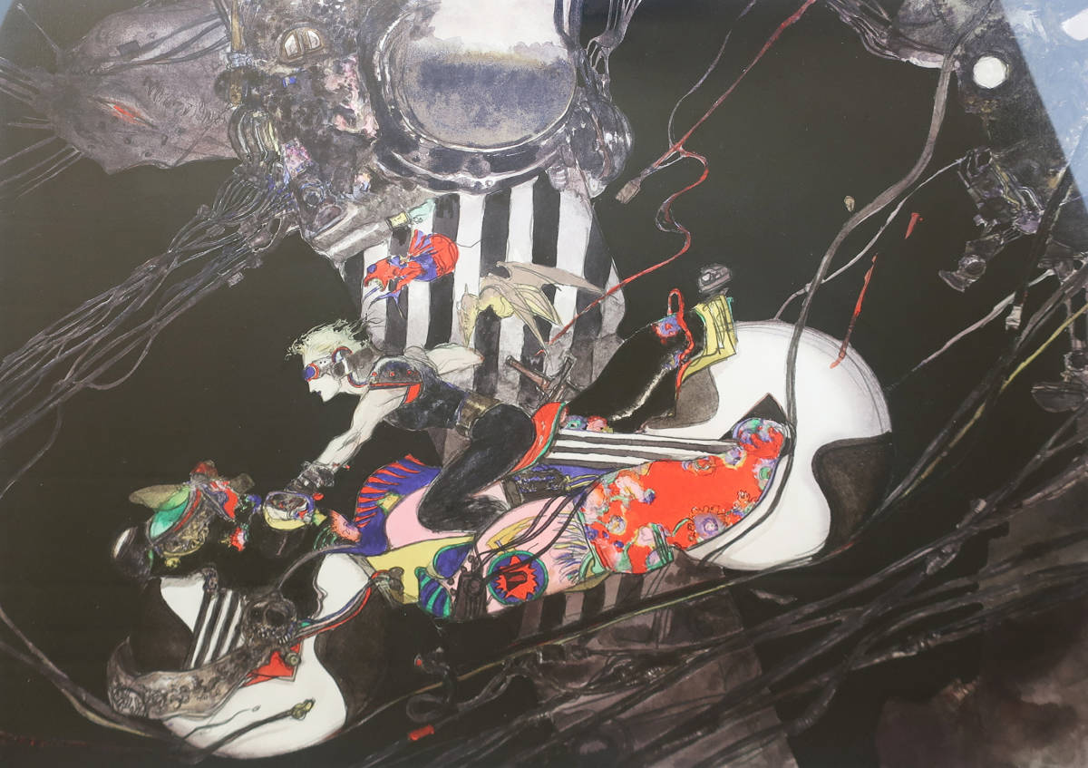 天野喜孝「鉄馬(ハーレー)」ミクスドメディア 額装 真作保証(版画 