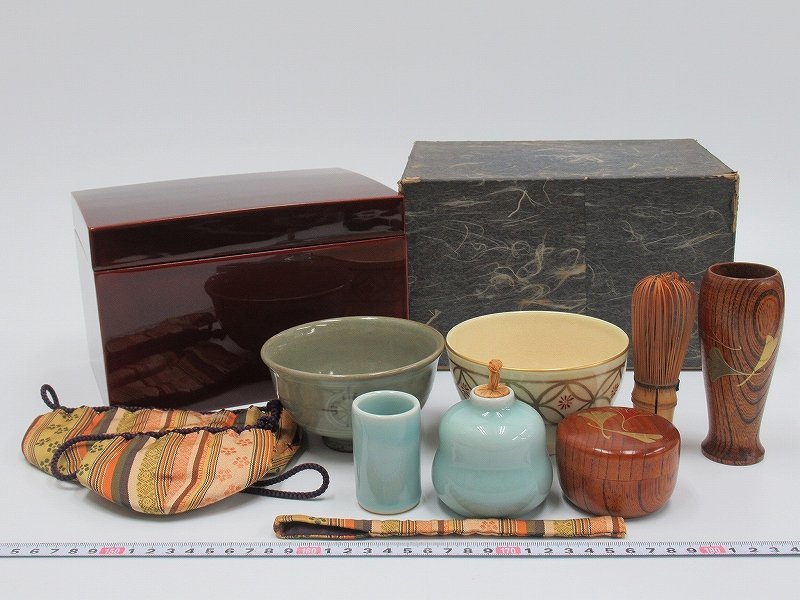 溜真塗 利休茶箱揃い】【溜真塗 茶箱8点セット】茶碗・振出・茶巾筒