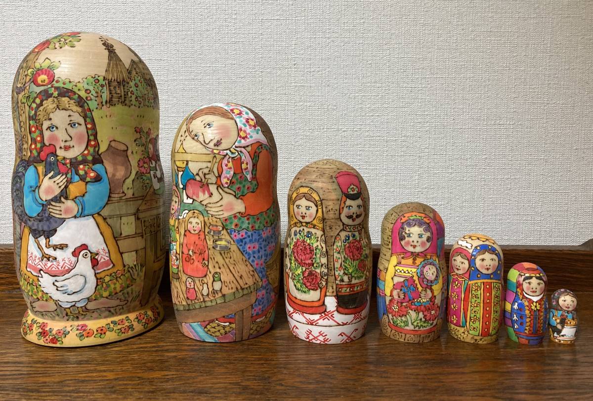ロシア雑貨☆ウッドバーニング マトリョーシカ(7ピース)H21cm マリア