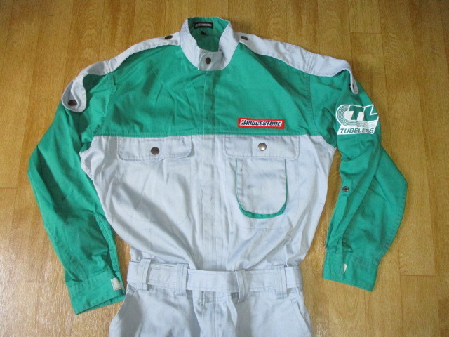 BSブリジストン　８０年・昭和　ビンテージ　レーシングスーツ風　レア色　メンテナンスメカニック作業ツナギ 　美中古 サイズLL　小難