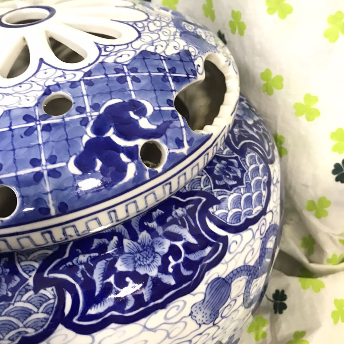 有田焼 染付 地紋松鷹文窓絵 大香炉 香炉 アロマ 骨董 古美術 