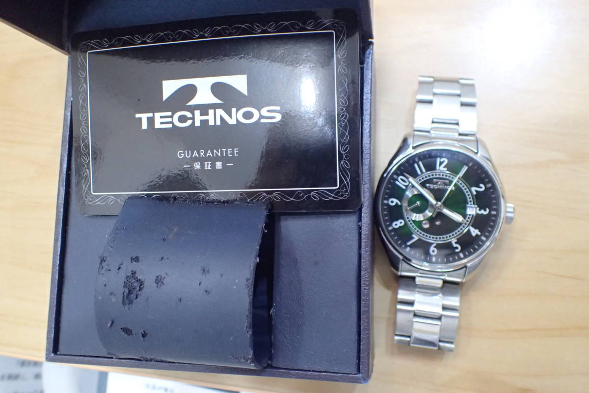 動作品 ◇TECHNOS/テクノス T-1077◇ グリーン文字盤/裏スケ メンズ 