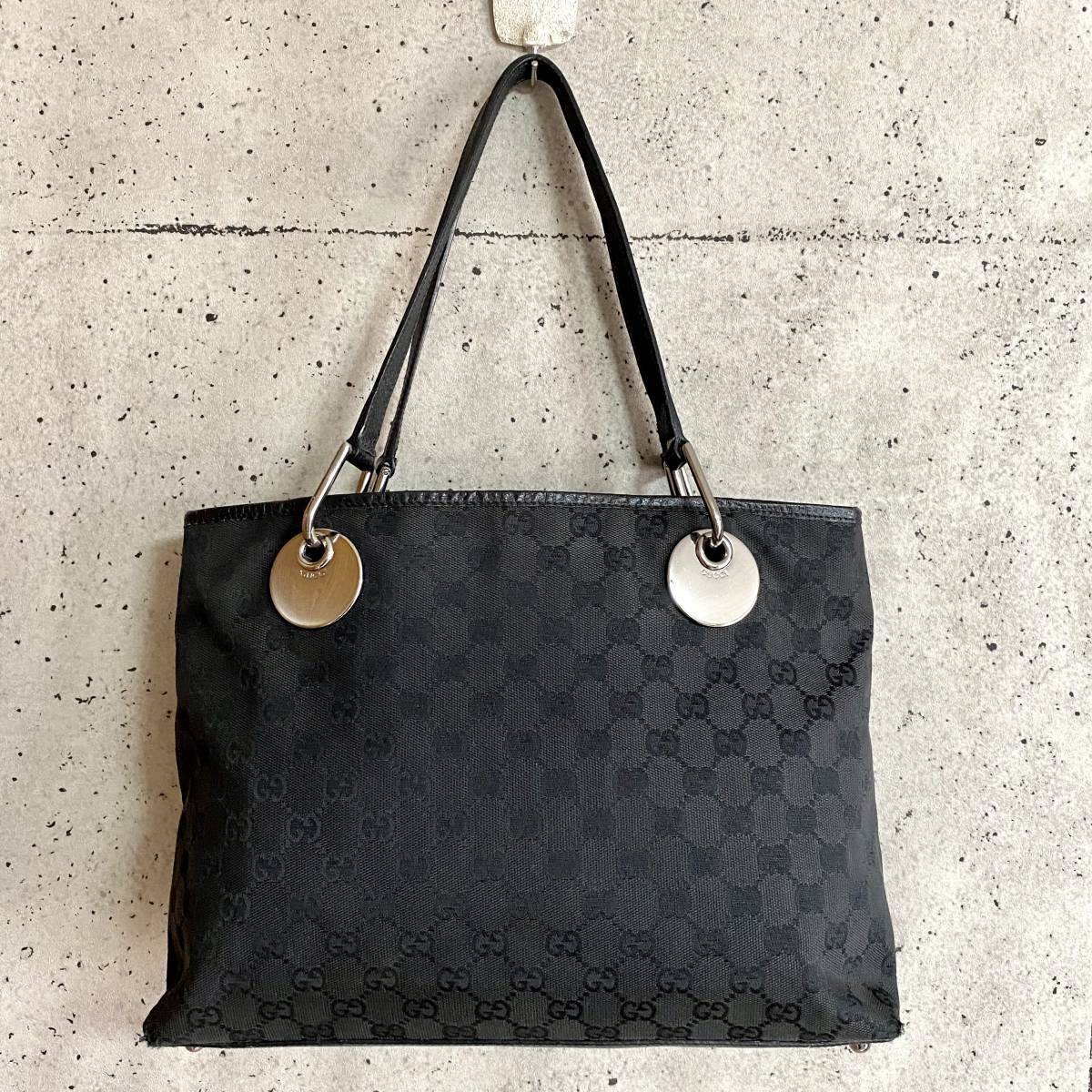 本物☆GUCCI グッチ GG柄 キャンバス トートバッグ レザーバッグ 黒 
