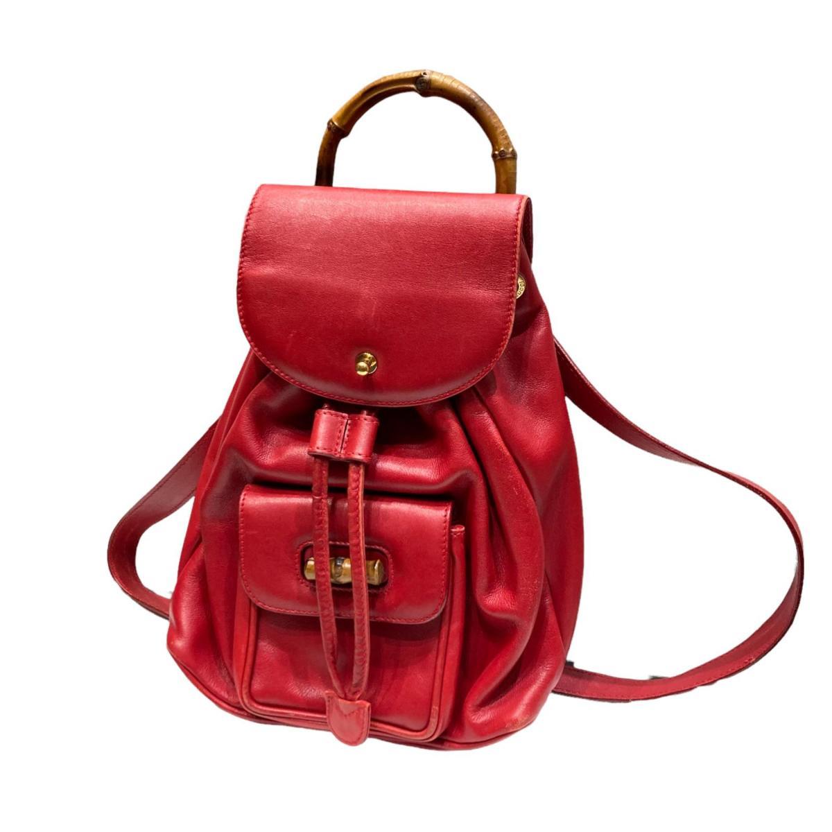 1円 GUCCI グッチ バンブー ターンロック リュックサック レザー 赤系 