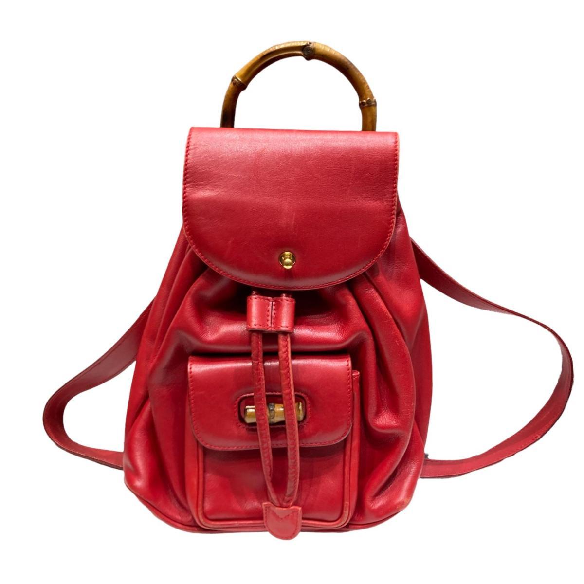 1円 GUCCI グッチ バンブー ターンロック リュックサック レザー 赤系 