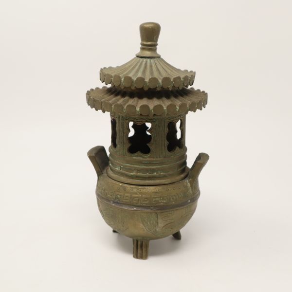 時代物 古銅製 瓶掛火鉢 大香炉三足 古木台座 大型 B634 fe40025 香炉 三脚 高さ20㎝ 1483g 真鍮 香道具 骨董品 仏具 古美術