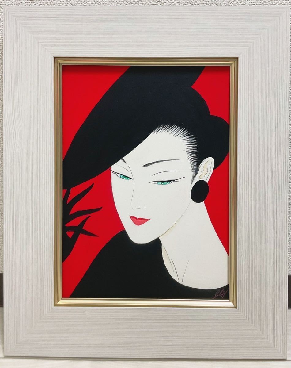 【希少品】鶴田一郎　美人画　絵画　日本女性　額入り　年代物　保管品　骨董 鶴田一郎/美人画 /油彩 /日本画 /模写/F4号/ノエビア化粧品/草間彌生