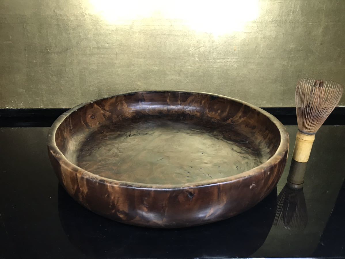 時代物 木目の美しい玉杢 丸盆 酒器盆 煎茶盆 古民芸 85F-M