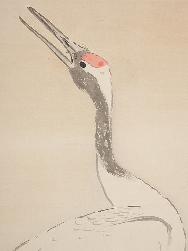 五】今尾景年 『丹頂鶴図』 絹本 淡彩 真作 掛軸 今尾景祥識箱 二重箱  