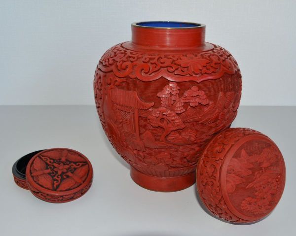 IM] 中国 壺と香合 彫漆 中国美術彫漆 松 蝶 壺全高21cm 北京離漆店