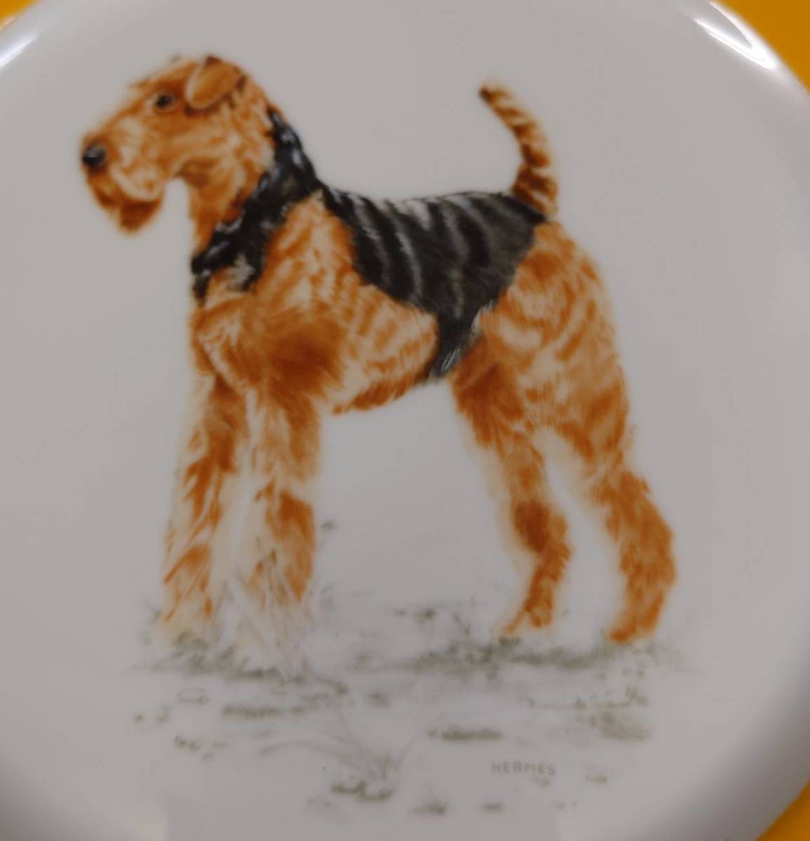 HERMES エルメス シャス 食器 イエロー 犬 プレート エアデールテリア