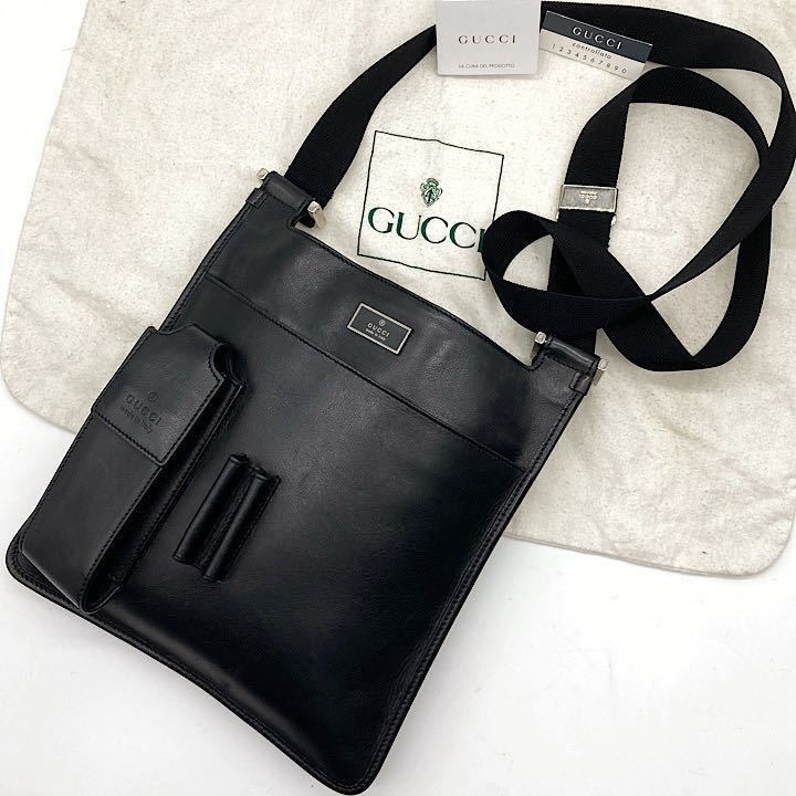 1円～ 【極美品】 GUCCI グッチ ショルダーバッグ ポシェット 肩掛け 斜めがけ GG オールレザー 本革 ブラック 黒 メンズ ロゴプレート