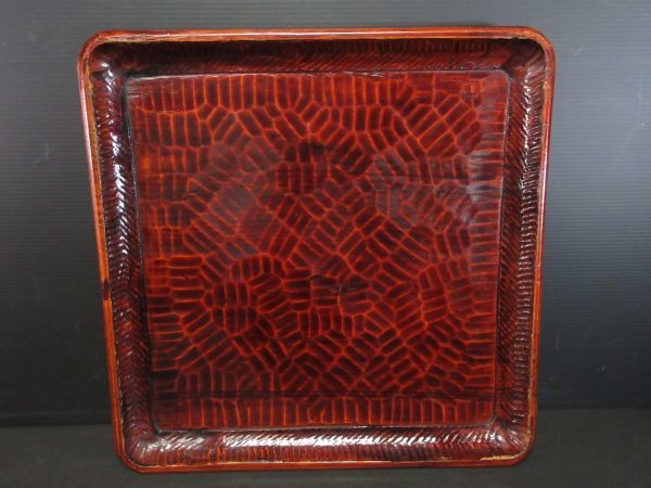267 茶懐石道具 讃岐漆芸 四方盆 讃岐彫 五客 約35.2x35.5x2.7cm