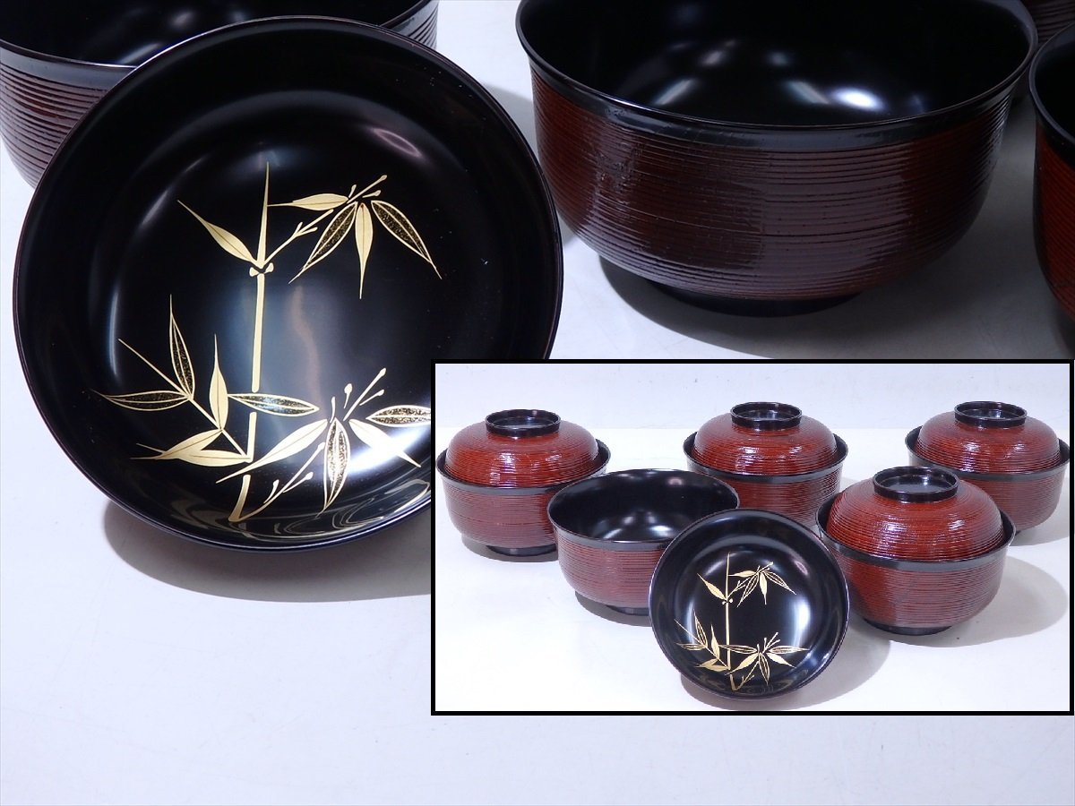 木製漆器 天然木 吸い物椀 汁椀 黒漆塗 蒔絵 蓋付き 5客