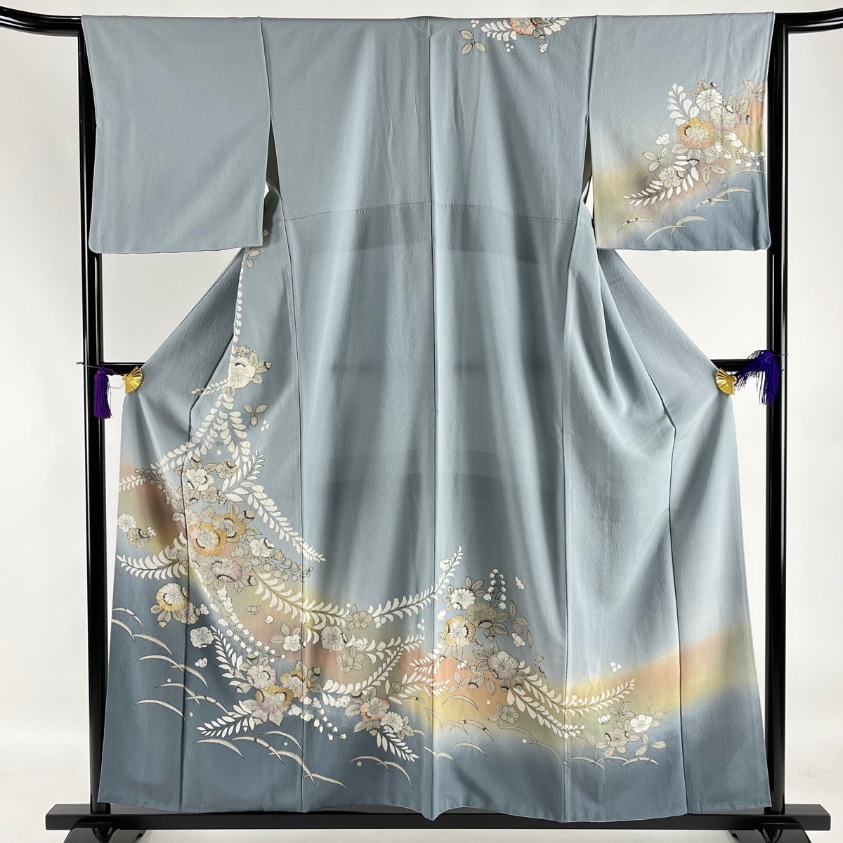 訪問着 美品 秀品 辻が花柄 ぼかし 青灰色 袷 156cm 64cm M 正絹 【