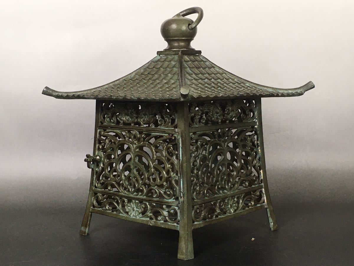 TAKIYA】時代『古銅唐草透文四方形吊燈籠』重約9.5kg 高約