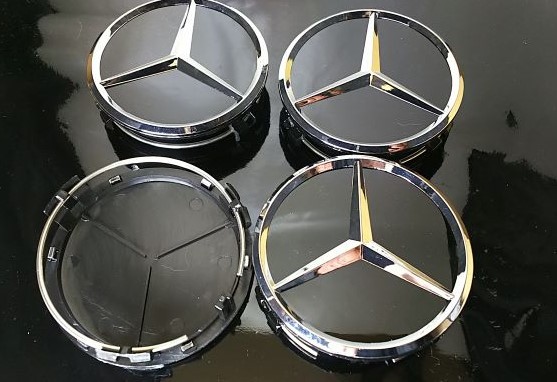 メルセデスベンツ 75mm 黒 光沢 4個 スターエンブレム型 ホイールキャップ A B C E G S CLA CLS GLA GLC GLE SL V