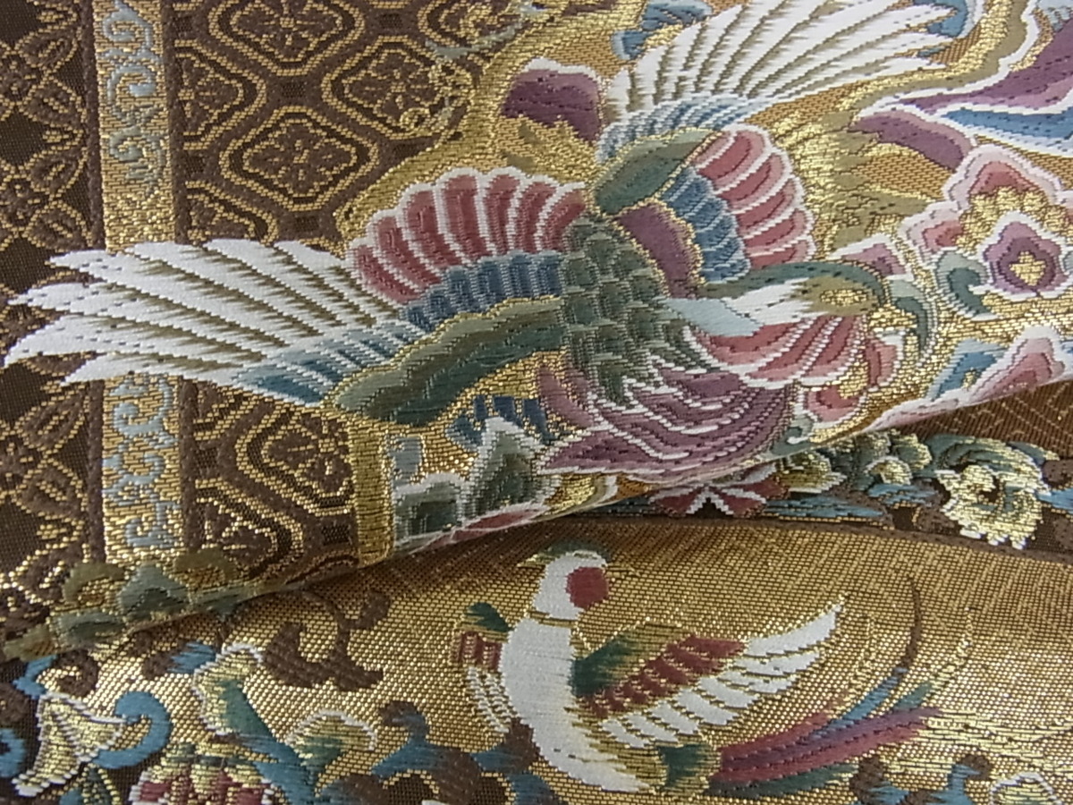 作家物 高級唐織り 袋帯 吉祥花柄 金糸 白 紫 青 オレンジ ピンク 414