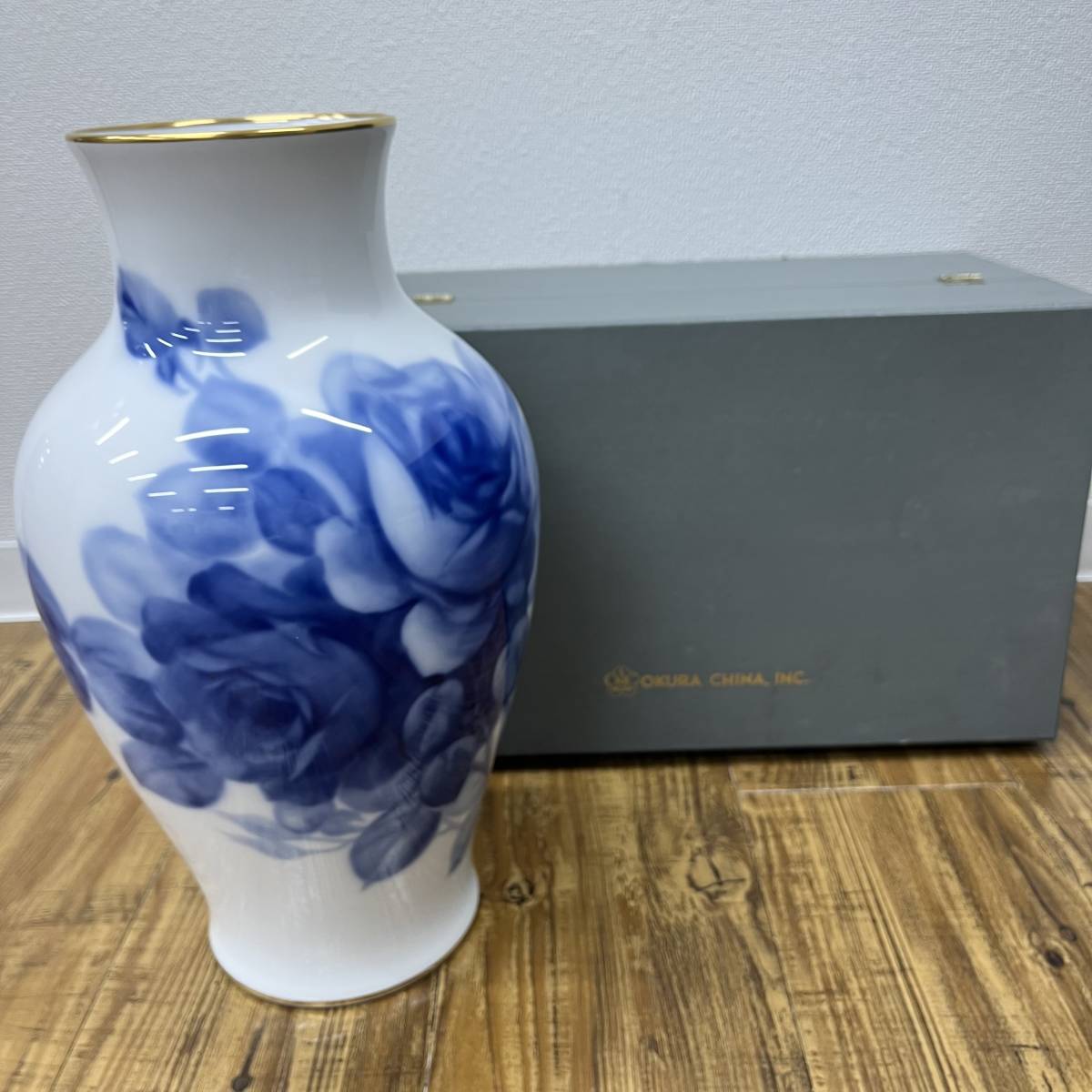 大倉陶園 OKURA ブルーローズ 花瓶 花器 花入れ 壺 薔薇 バラ フラワー