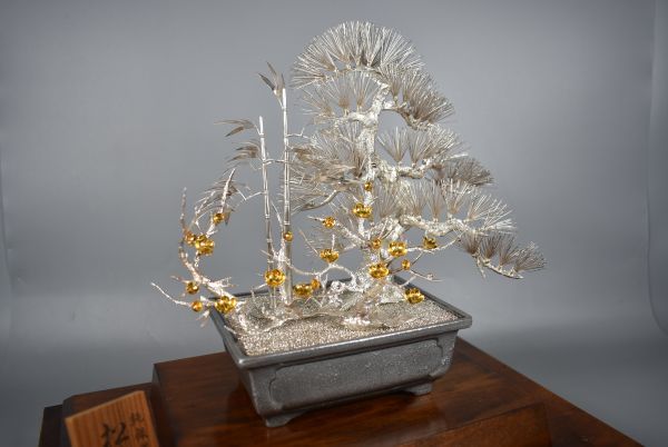 光則作 純銀製 盆栽 松竹梅 置物 縁起物 silver 細工物 ケース付 Yahoo