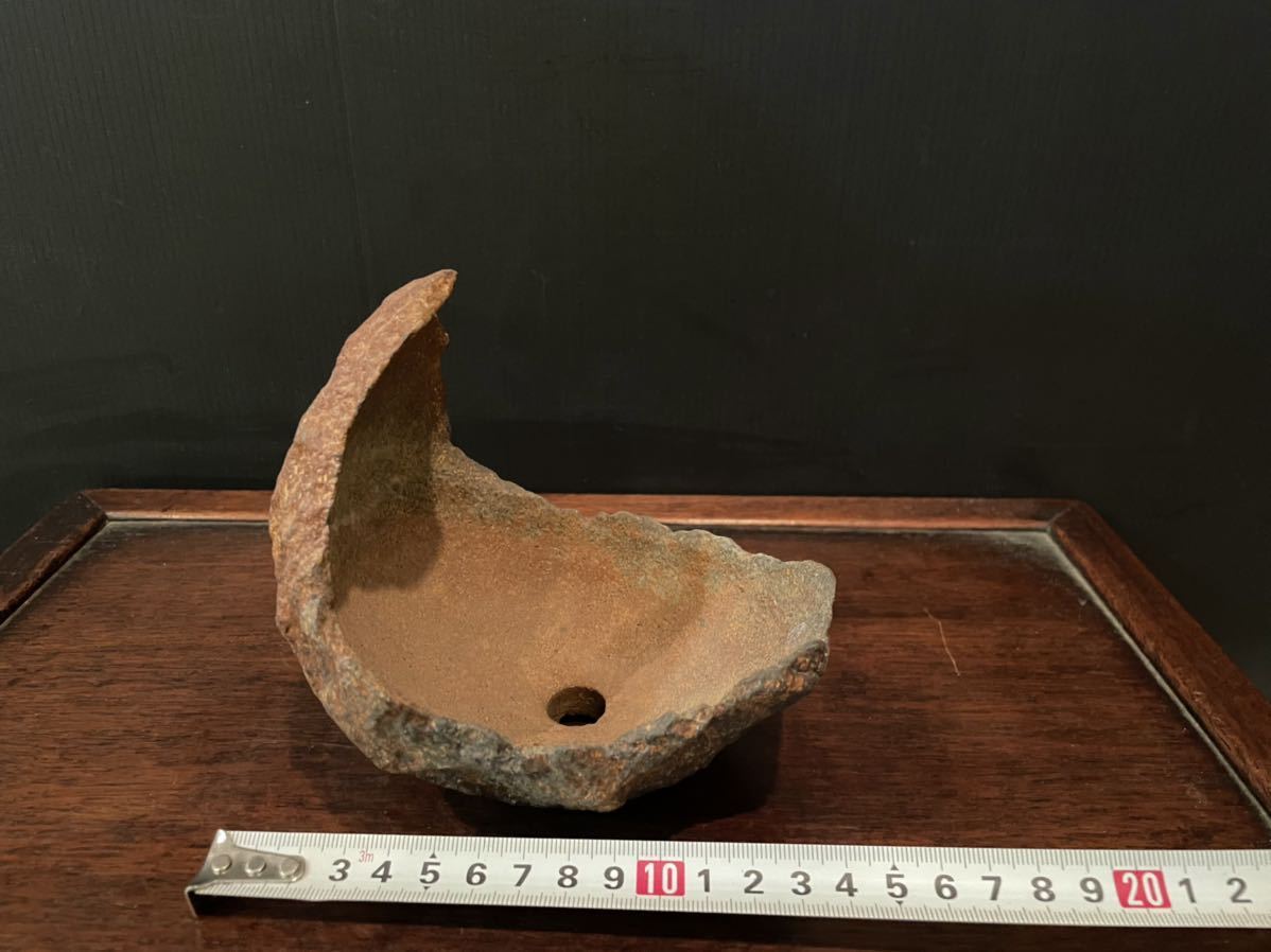 本鞍馬石 石鉢 三日月 穴開き 無傷美品