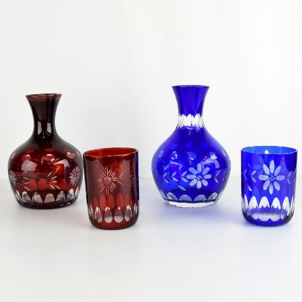 1970 レトロ 切子 硝子 デキャンタ 赤 青 2点 まとめて デカンタ