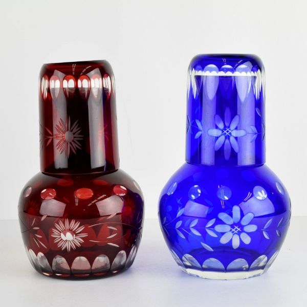 1970 レトロ 切子 硝子 デキャンタ 赤 青 2点 まとめて デカンタ