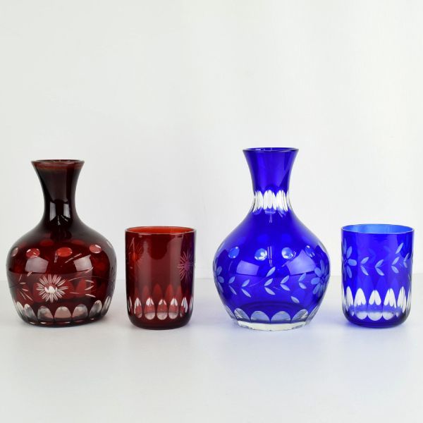 1970 レトロ 切子 硝子 デキャンタ 赤 青 2点 まとめて デカンタ