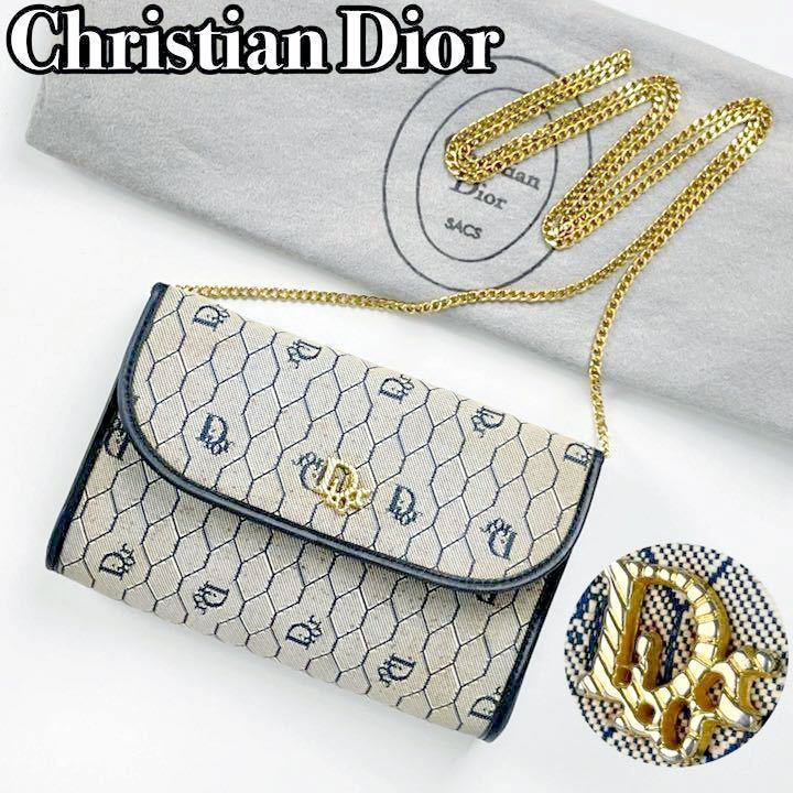 1円〜【希少】Christian Dior クリスチャンディオール チェーンショルダーバッグ 2way ジャガード ハニカム トロッター ゴールド金具 紺