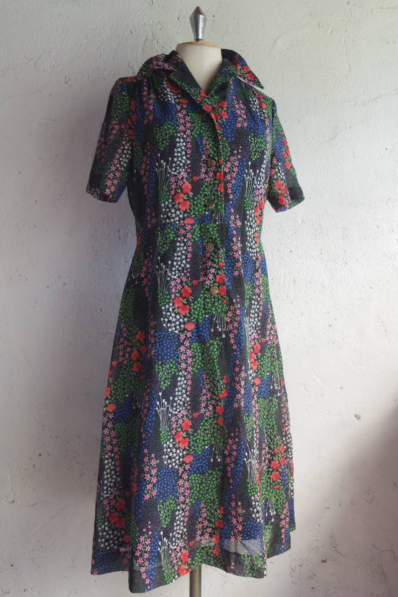 古着♪レトロVintageカラフル花柄モダンワンピ♪昭和レトロワンピース