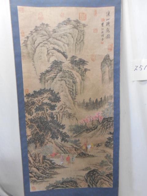 大雅堂2519 唐物中国 山水人物図掛軸 美品 在銘 紙本中国表装 多印譜