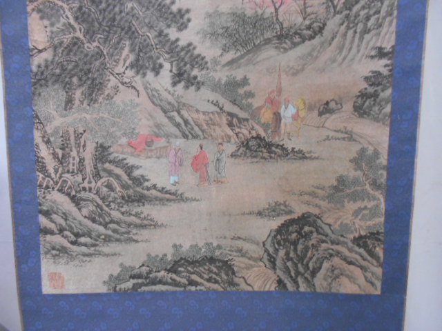 大雅堂2519 唐物中国 山水人物図掛軸 美品 在銘 紙本中国表装 多印譜
