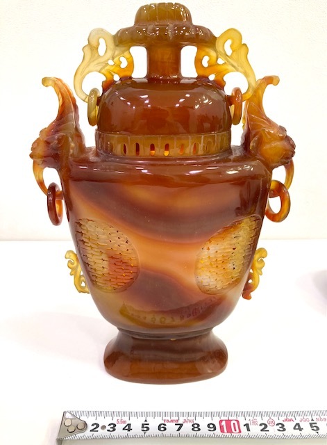 18240〇】中国美術 骨董 瑪瑙？ めのう 削り出し加工 香炉 鳳尾耳瑪瑙