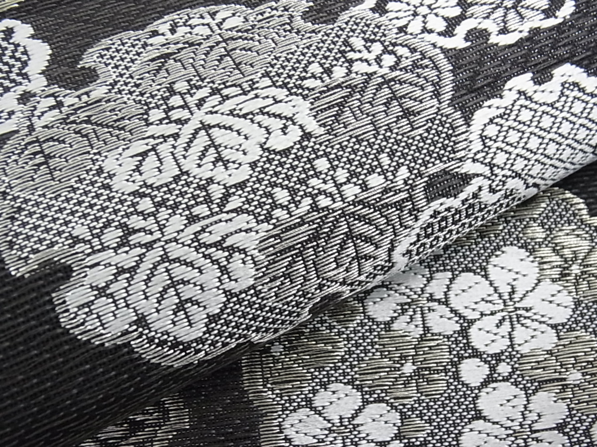 花美人着物■六通柄袋帯　スリーシーズン帯　春　夏　秋　唐織　雪輪吉祥花文　黒地　金銀糸　逸品　eee1500 袋帯 六通柄 日本製 黒猫 月 (水縹×赤)