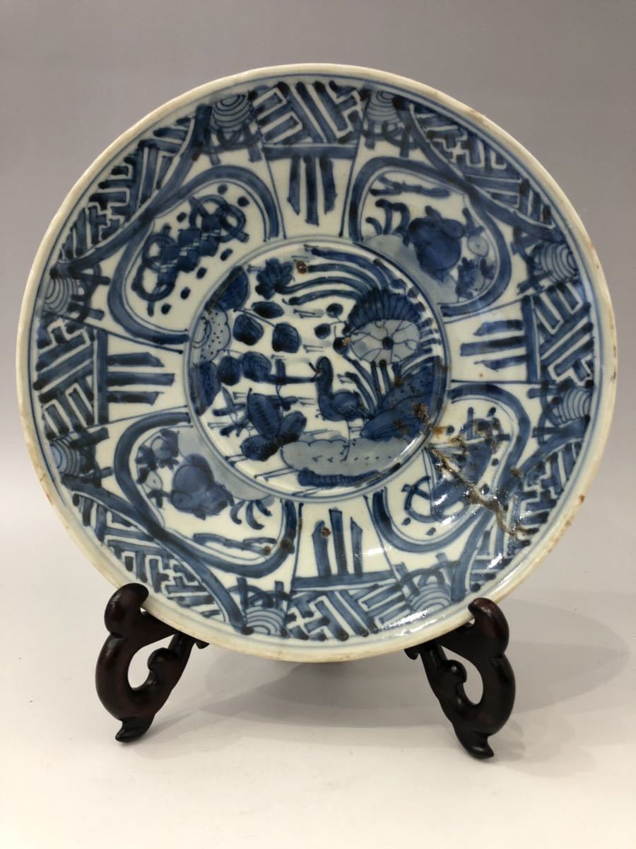 明末期 南京青花芙蓉花鳥紋盤 古染付 - 中国美術 呉洲橋