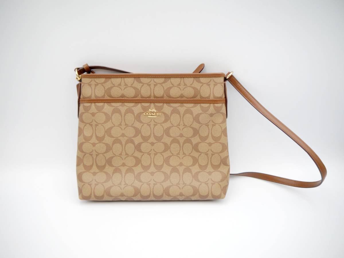 T5647☆COACH/コーチ/ショルダーバック/レディース/スクエア/シグネチャー柄/ベージュ×茶/クロスボディ/中古