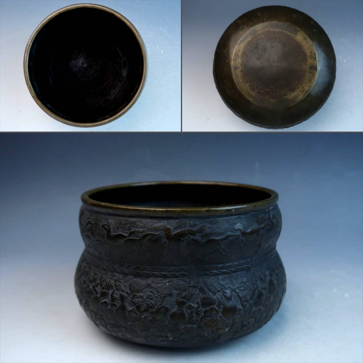 定価販売 岡黒/龍 中国古玩・古銅/銅製香炉・大明宣徳年製款/翡翠摘