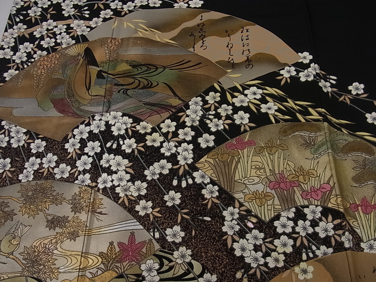 着物屋こころ□豪華黒留袖 作家物 地紙重ね人物花鳥文 金彩