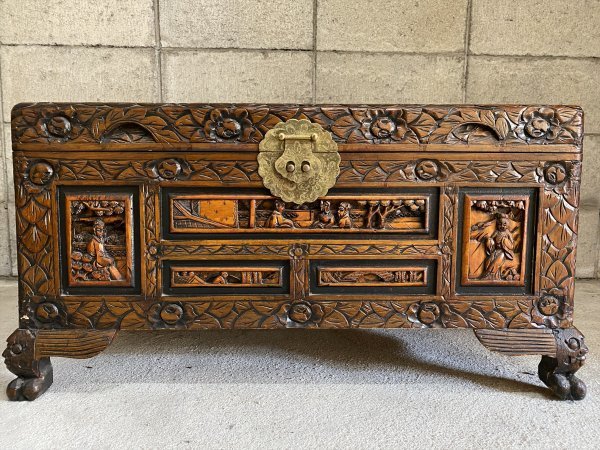 アンティーク 木箱 収納 木彫り 彫刻 葛籠 アジアン 箱 高さ約37cm 