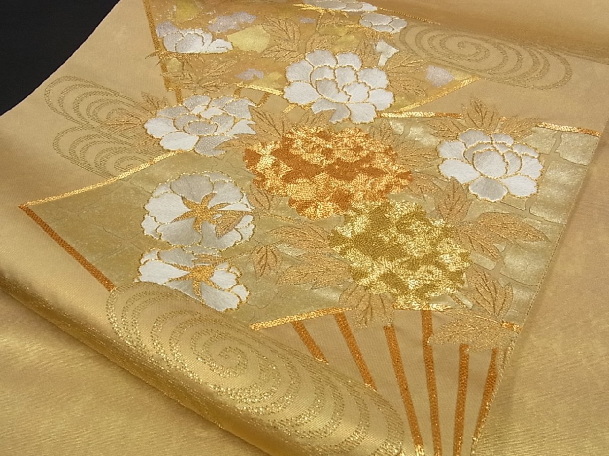 新作入荷，新作登場 着物屋こころ 六通太鼓柄袋帯 駒刺繍 扇面花文 本金箔 正絹 逸品 B-jd4437(仕立て上がり)｜売買されたオークション情報、yahooの商品情報をアーカイブ公開 - オークファン 仕立て上がり