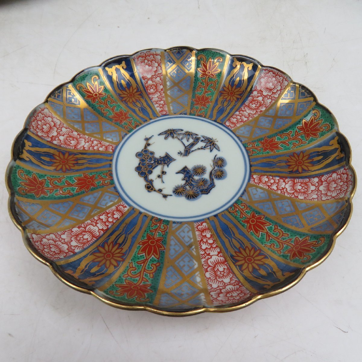 5点まとめ】林九郎 作 皿 約17cm 染錦 色絵 菊型 松竹梅 5客揃い
