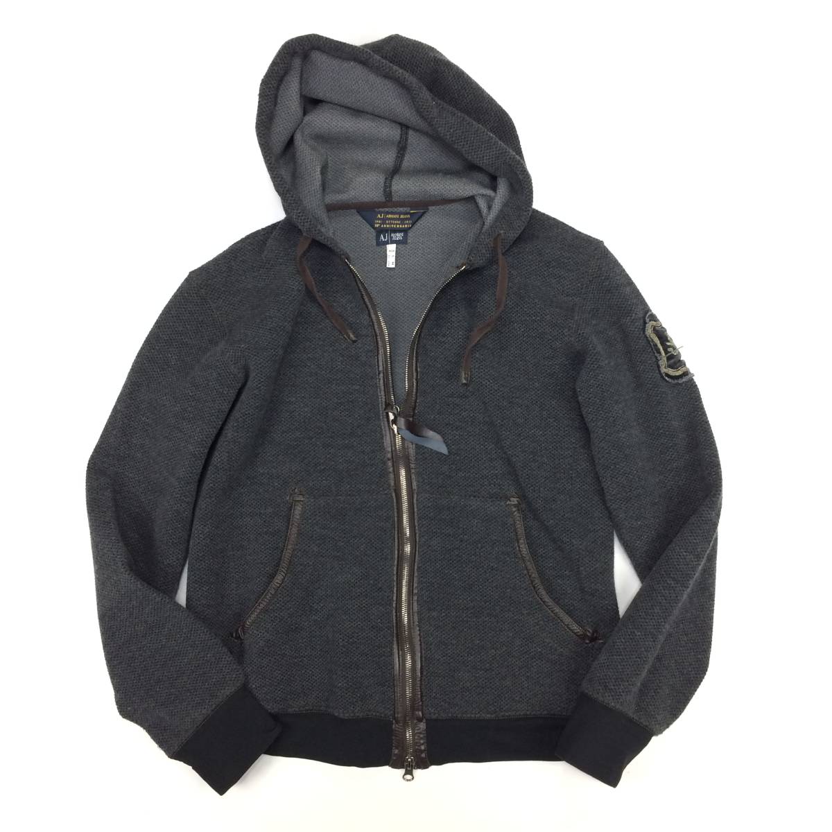 ARMANI JEANS/アルマーニ ジーンズ ポリウール 袖ワッペンエンブロイダリー ジップアップ ニットパーカー/ワッフル編みニットパーカー