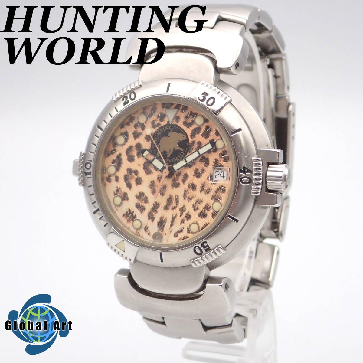 い03273/HUNTING WORLD ハンティングワールド/自動巻/メンズ腕時計/750本限定/25石/裏スケ/回転ベゼル/純正ベルト/文字盤 ヒョウ柄/コマ付