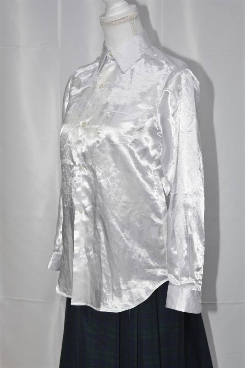 つるつる 光沢 すべすべ サテン シャツ Mサイズ 白 ホワイト 吹奏楽 発表会 コスプレ 制服 ブラウス_2