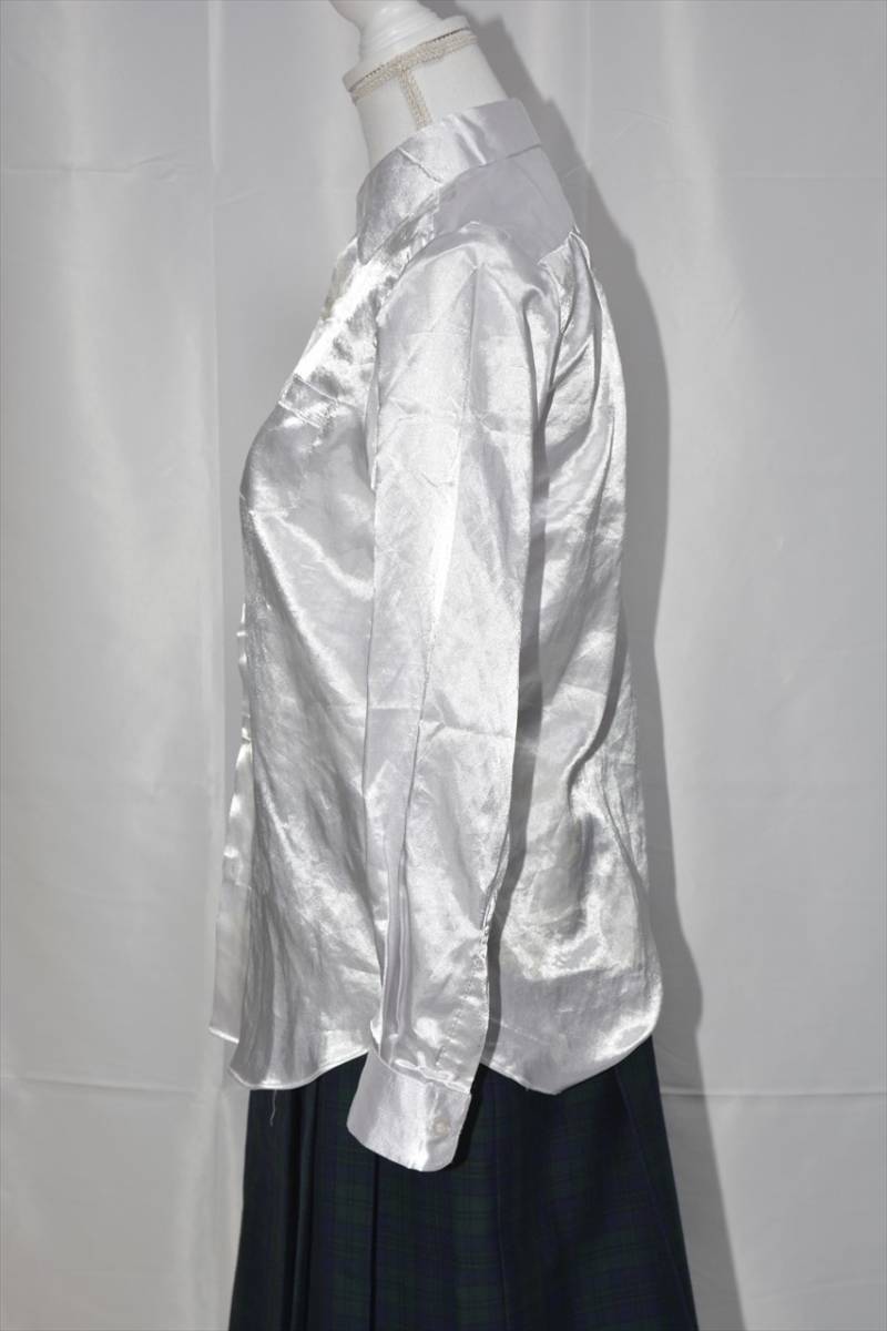 つるつる 光沢 すべすべ サテン シャツ Mサイズ 白 ホワイト 吹奏楽 発表会 コスプレ 制服 ブラウス_3