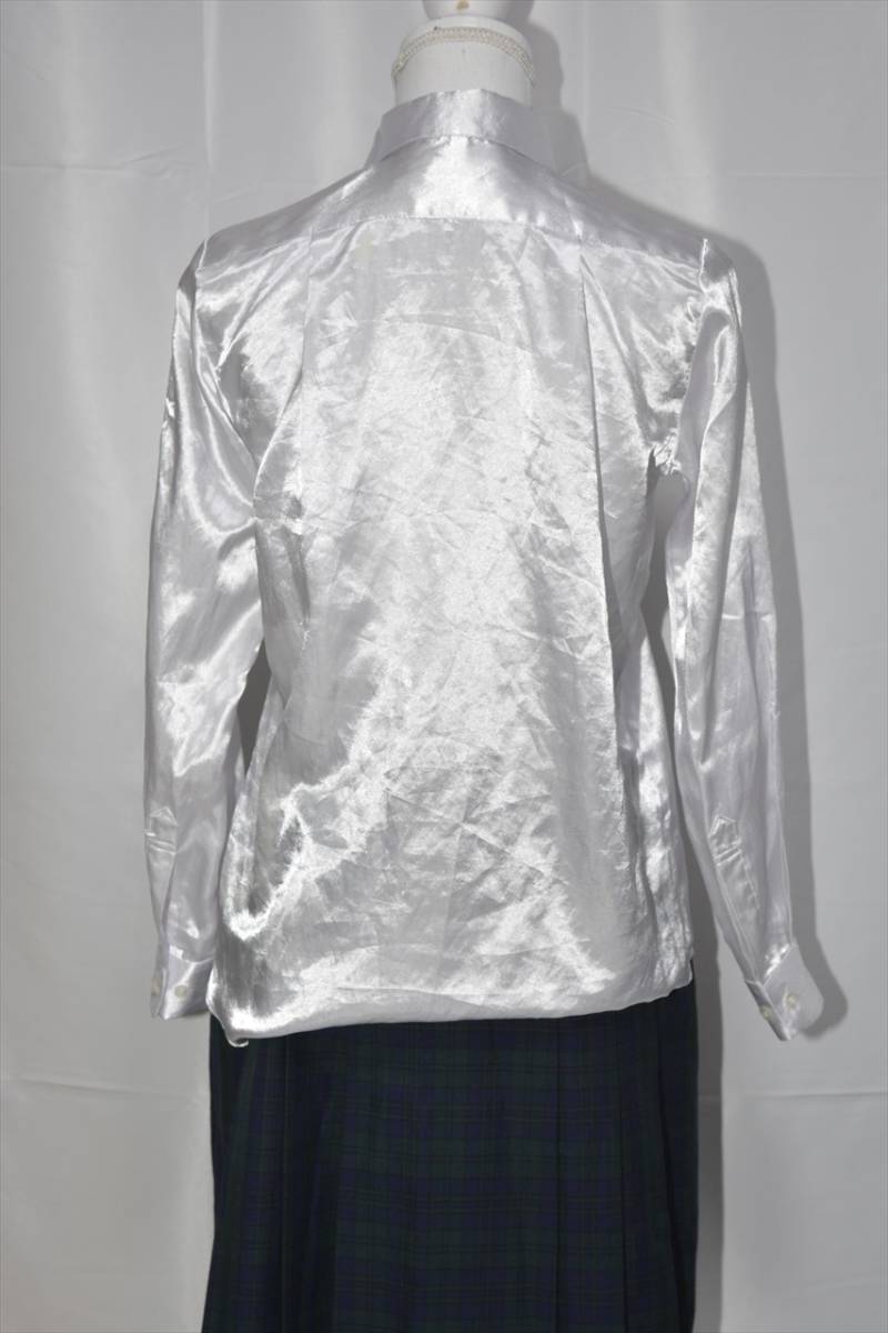 つるつる 光沢 すべすべ サテン シャツ Mサイズ 白 ホワイト 吹奏楽 発表会 コスプレ 制服 ブラウス_5