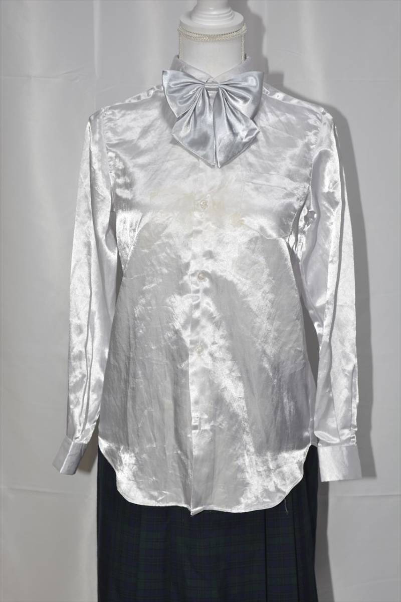 つるつる 光沢 すべすべ サテン シャツ Mサイズ 白 ホワイト 吹奏楽 発表会 コスプレ 制服 ブラウス_8